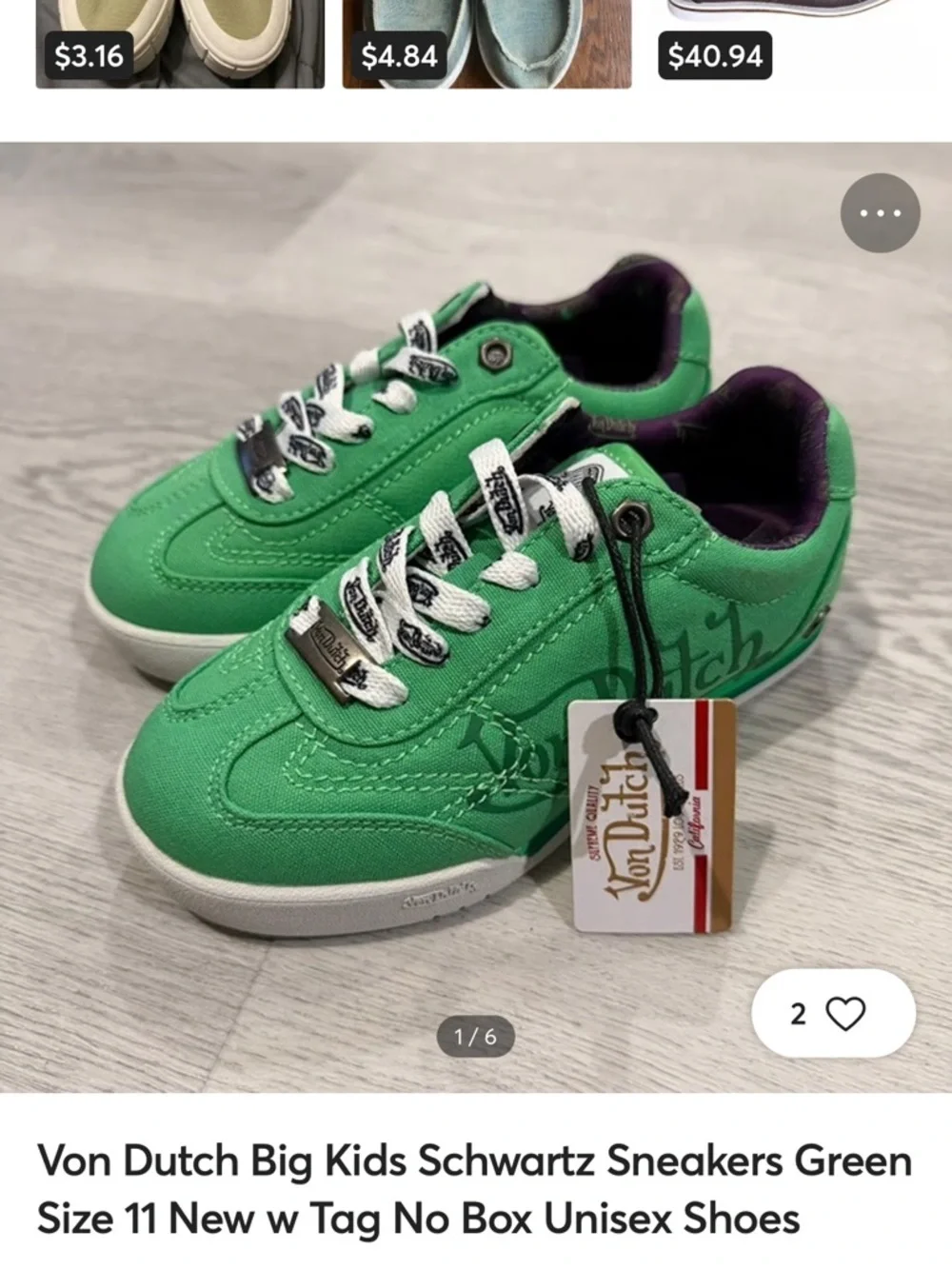 Von Dutch Green Canvas Low-Top Sneakers with White Laces Sz 36